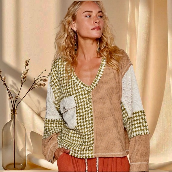 POL Houndstooth Sweater Two-Tone Knit Pullover with Pocket - Picture 7 of 7